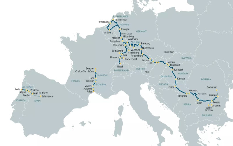 Mapa da Europa indicando principais rios, cidades e rotas de cruzeiros fluviais.
