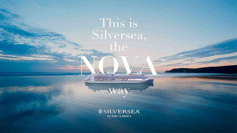 Silver Nova: imagem rendering do navio em águas calmas espelhadas e texto em cima: This is Silversea, the Nova way
