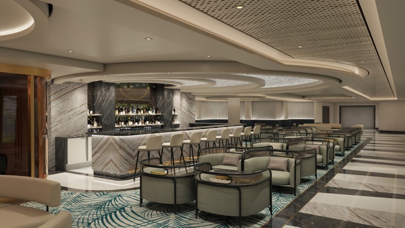 Metropolitan Bar a bordo dos navios NCL Prima Class, com balcão cercado por banquetas altas brancas e lounge formado por poltronas verdes e mesas baixas.