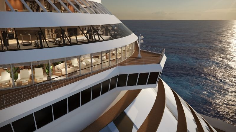 Spa e área fitness da Classe Prima estão localizados na frente do navio, com vista 270 graus para o oceano