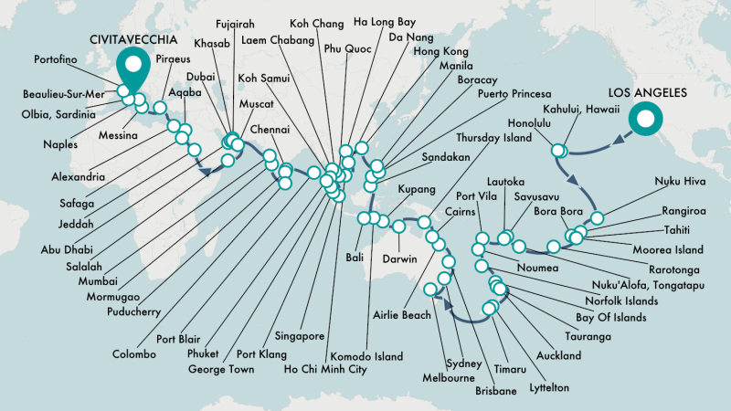roteiro de cruzeiro de volta ao mundo da Crystal