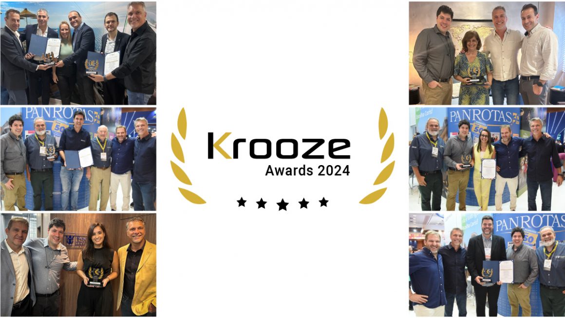 Alguns dos representantes de companhias de cruzeiro e destinos recebendo o troféu do prêmio de 2024