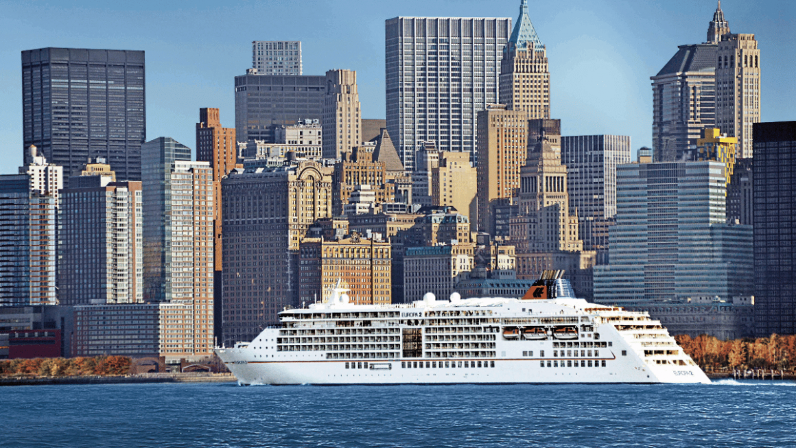 MV EUROPA 2 in front of the New York skyline