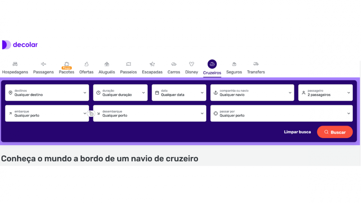 Interface do site da Decolar com o sistema Krooze