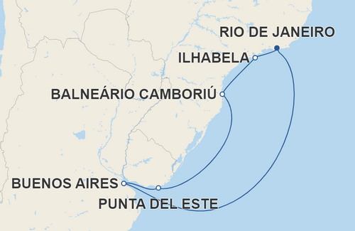 Embarque e Desembarque: Rio de Janeiro, Brasil
Ilhabela, Balneário Camboriú, Punta del Este, Buenos Aires