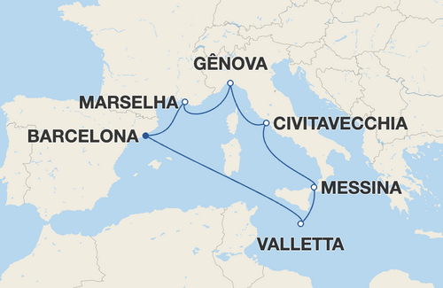 Embarque e Desembarque: Barcelona, Espanha
  Marselha, Gênova, Civitavecchia, Messina, Valletta